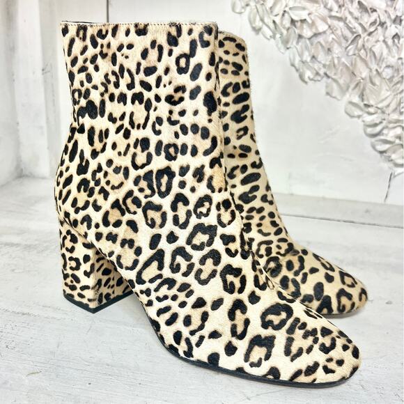 Halogen Abbi Calf Hair Leopard Print Block Heel Ankle Bootie Tan/Black Womens 8M - Picture 1 of 9